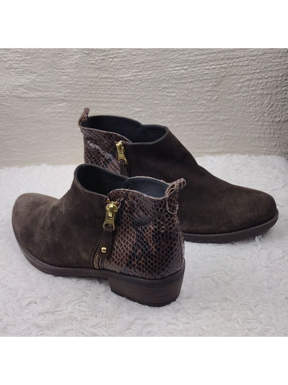 Eric Michael Made In Spain Brown Suede Snakeskin Almond Toe Side Zip Ankle Boot